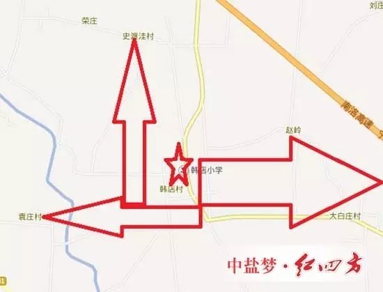 以韓店村為中心向袁莊村、史渡洼村、趙嶺、大白莊村發(fā)散